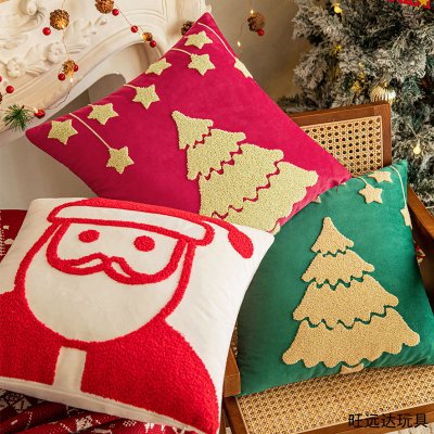 跨境圣诞老人刺绣抱枕套天鹅绒圣诞树抱枕客厅沙发飘窗靠枕